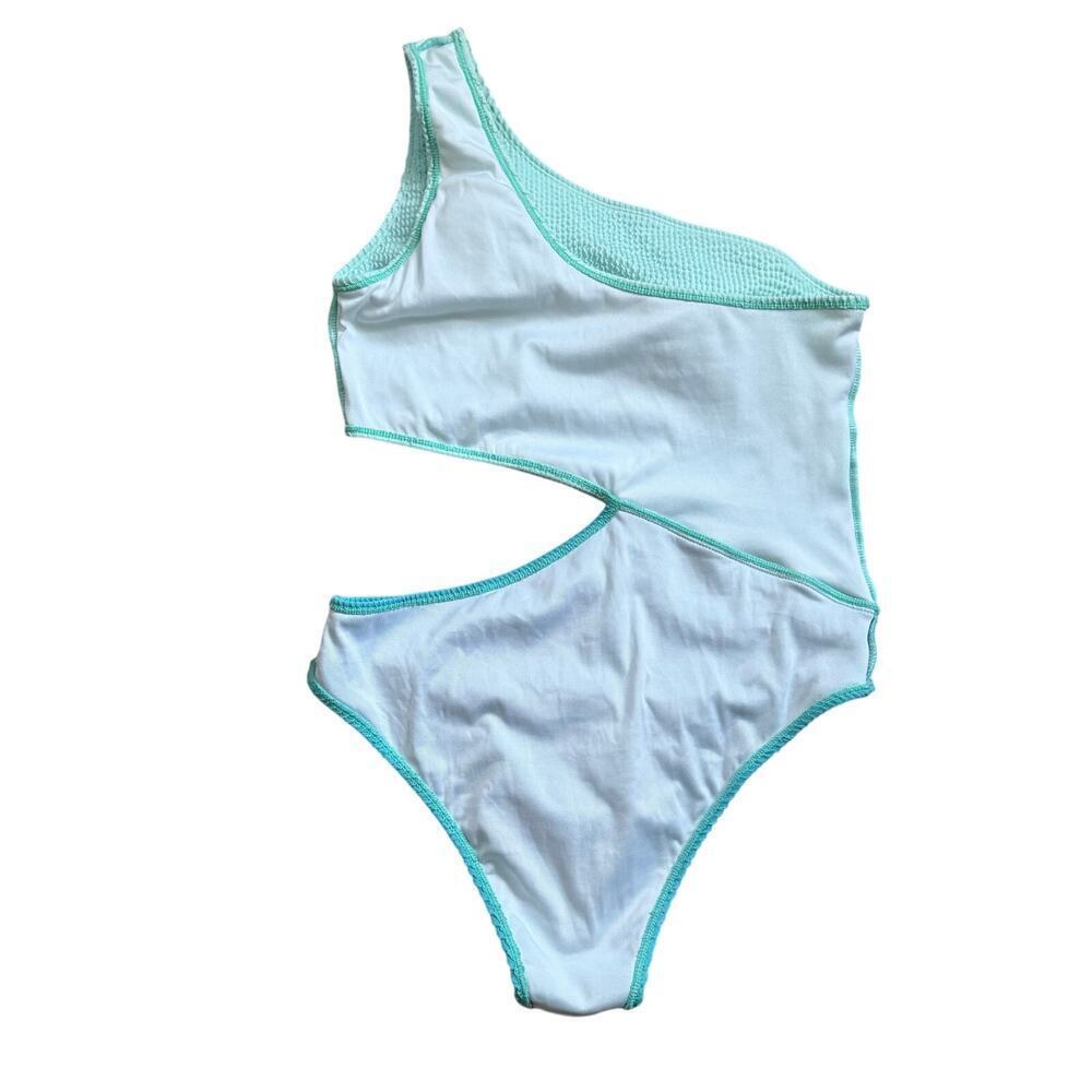 Colorblock Two Toned Blue One Shoulder Cut Out One Piece Swimsuit Size L - Picture 6 of 10